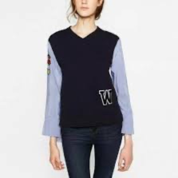 ZARA BLUE VARSITY LETTERMAN PATCHES STRIPED TOP SWEATER VEST BLOUSE 486/242 S - Picture 2 of 5